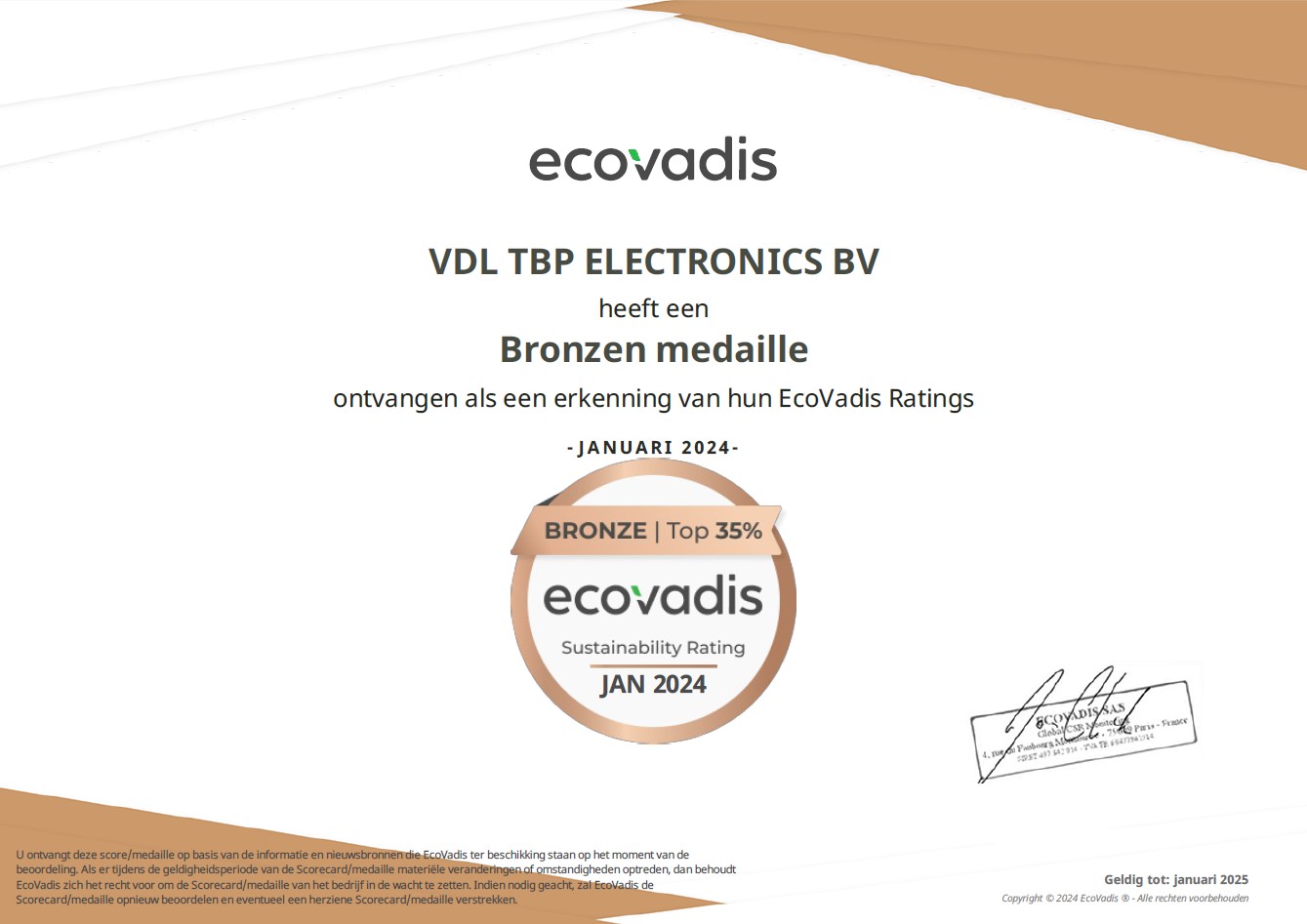 VDL TBP Electronics behaalt bronzen EcoVadis medaille
